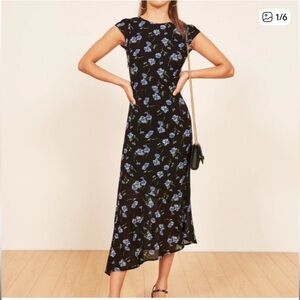Reformation black blue floral asymmetrical Luis midi dress size 4